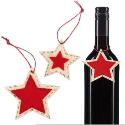 Flaschenanhänger Anhänger Stern M. Stichrand Natur/Rot Holz/Filz 32 St